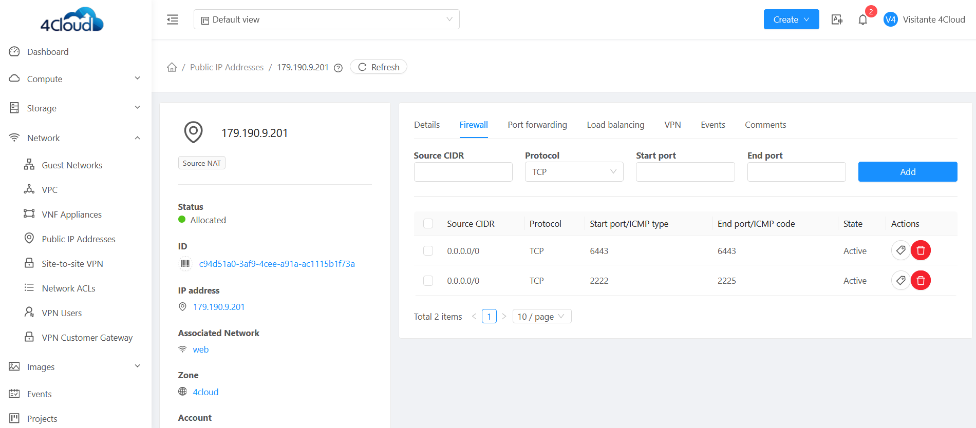 Tela da plataforma 4Cloud gerenciando rede e firewall